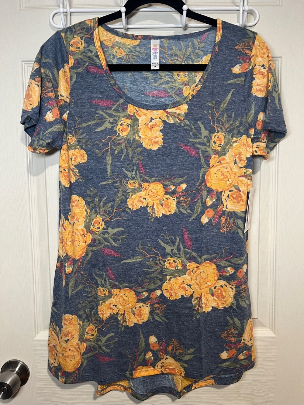 LuLaRoe Blue Scoop Neck Classic Tee with Yellow Floral Print